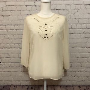 Cream, Semi-Sheer Embroidered detailing Top, XS